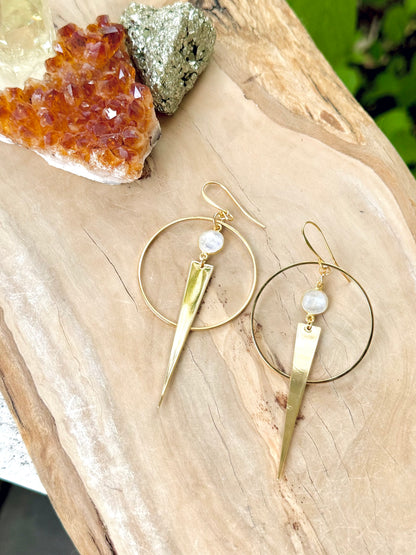 Rainbow Moonstone + Gold Spike Earrings