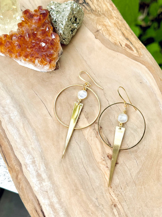 Rainbow Moonstone + Gold Spike Earrings