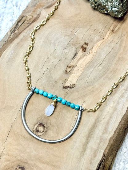 Turquoise + Moonstone Mixed Metals Horseshoe Necklace