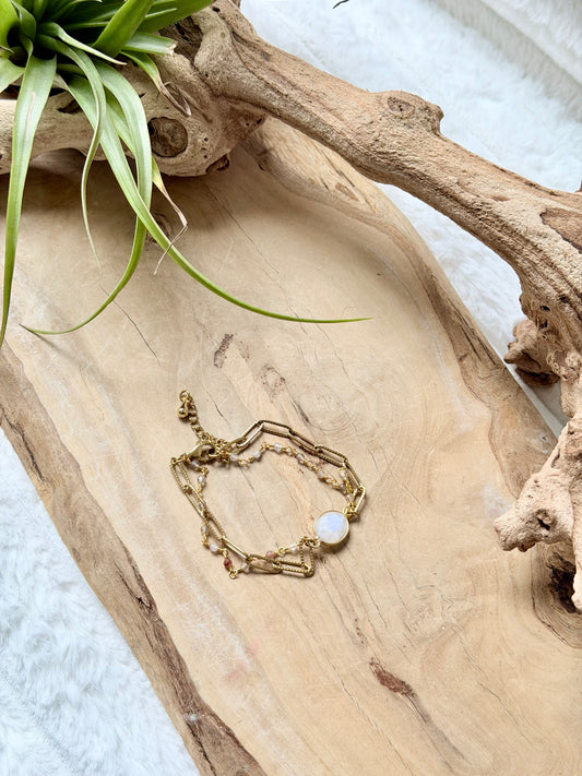 Rainbow Moonstone + Quartz Duet Bracelet in Gold Stainless Steel