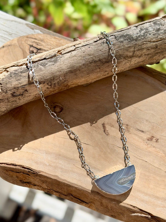 Agate Slice + Stainless Steel Half Moon Necklace