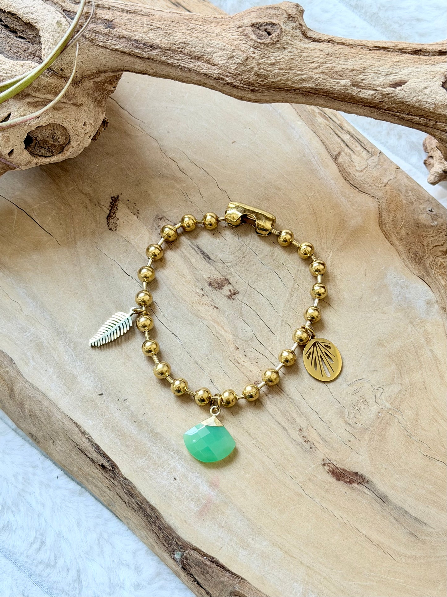 Chrysoprase + Gold Stainless Ball Chain Charm Bracelet