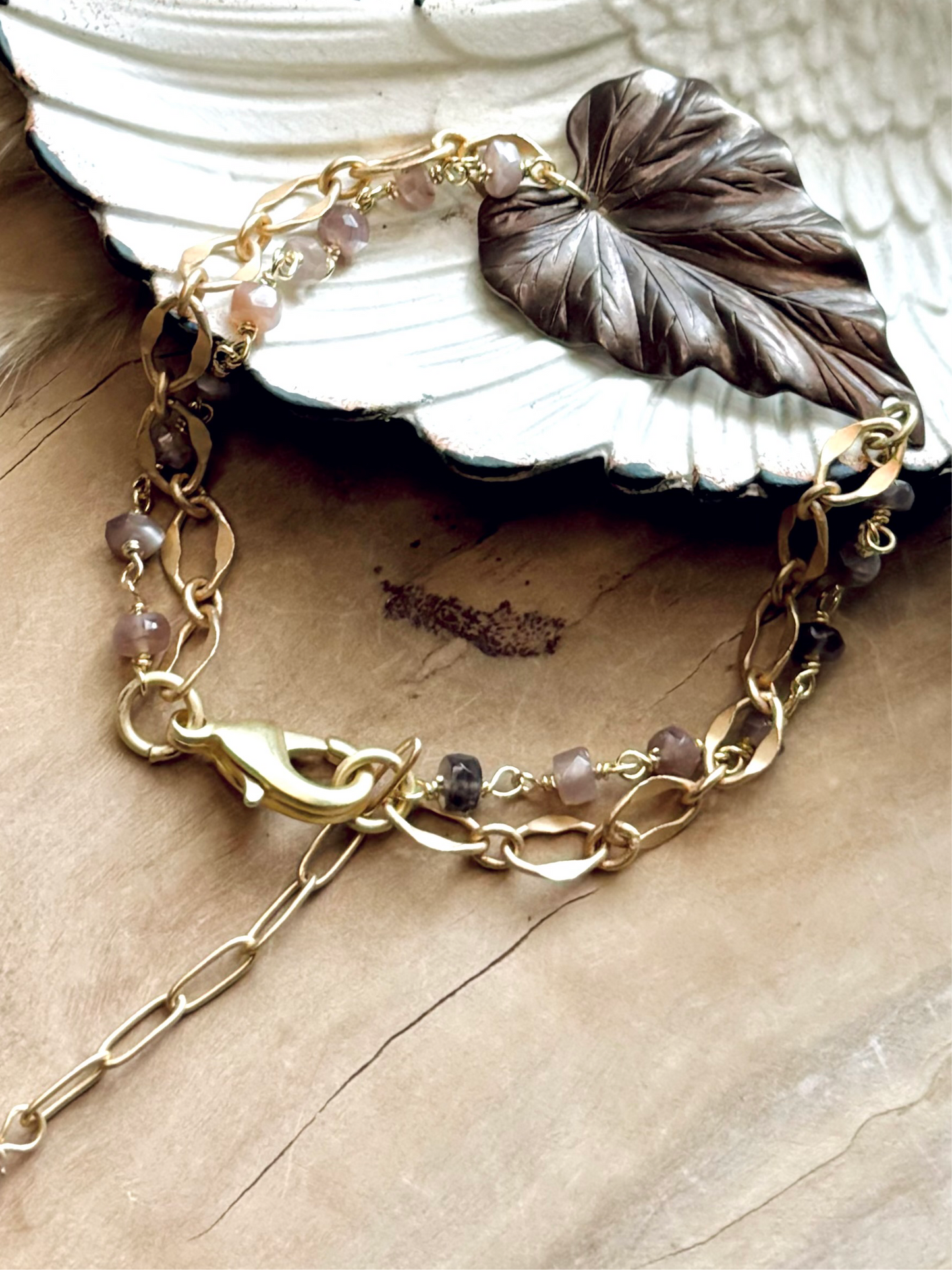 Brown Brass Leaf + Chocolate Moonstone Matte Gold Chain Bracelet