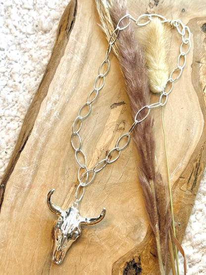 Chunky Silver Cow Skull Necklace