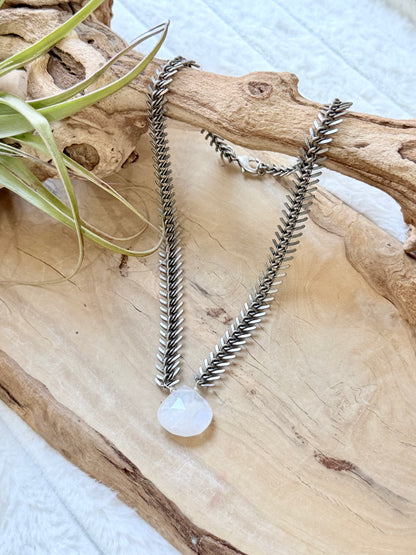 Rainbow Moonstone + Gunmetal Fishbone Necklace