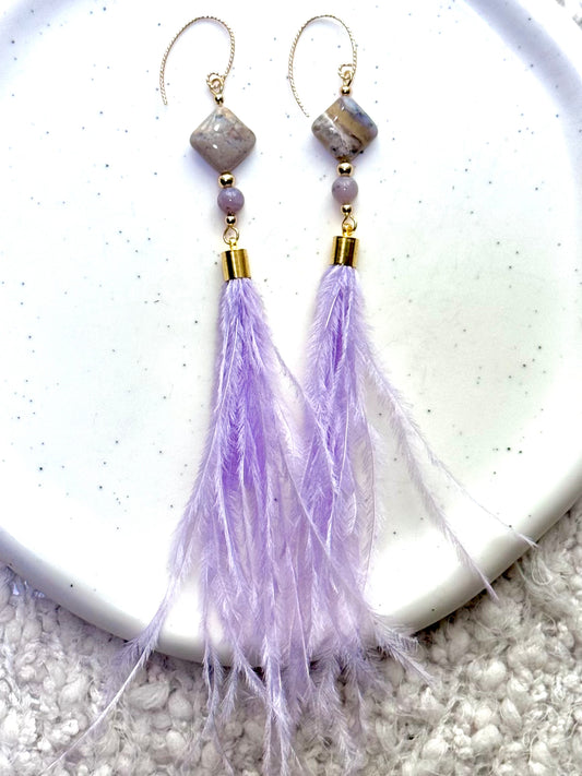 Amethyst Sage Agate + Gold Lavender Feather Earrings