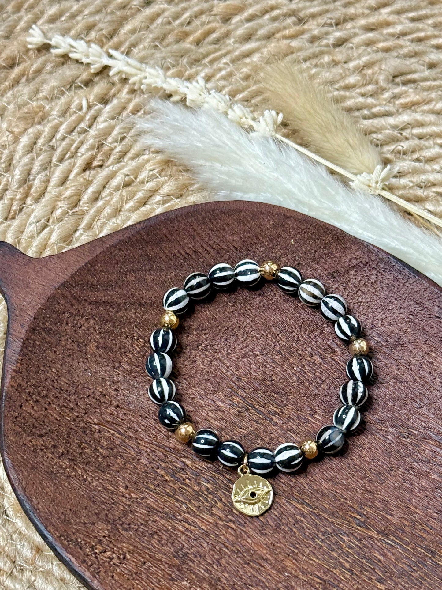 Black + White Striped Tibetan Agate + Gold Chunky Charm Band