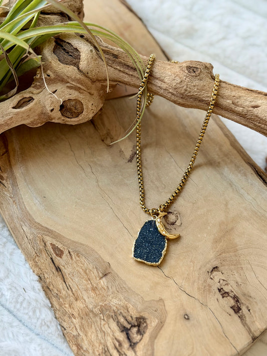 Black Druzy Agate + Gold Moon Necklace