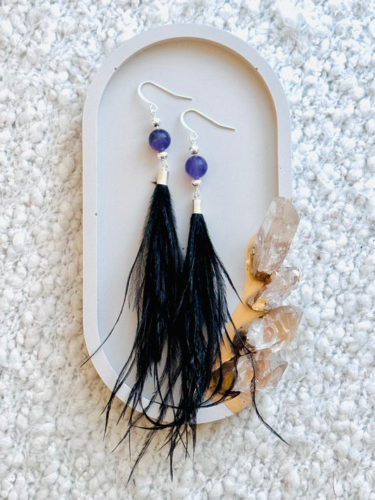 Amethyst + Silver Black Feather Earrings