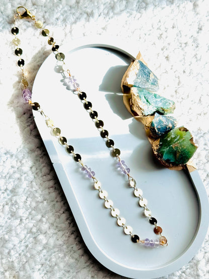 Pink Amethyst + Gold Sequin Chain Necklace