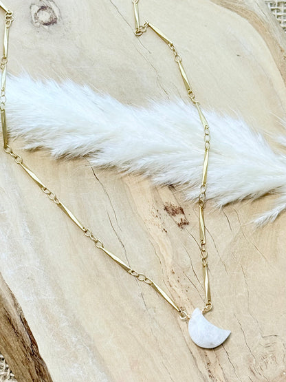 Rainbow Moonstone + Matte Gold Moon Necklace