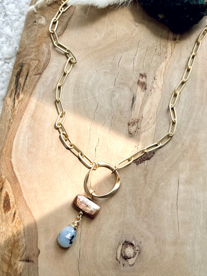 Freshwater Pearl + Dendritic Opal, Matte Gold Eternity Necklace