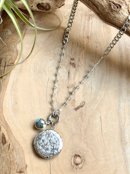Labradorite + Stainless Steel Locket, Carabiner Charm Necklace