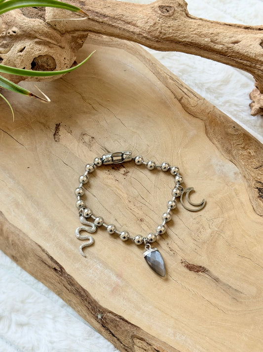 Gray Moonstone + Stainless Ball Chain Charm Bracelet