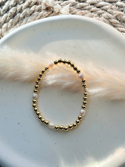 Freshwater Pearl + Gold Beaded Bracelet