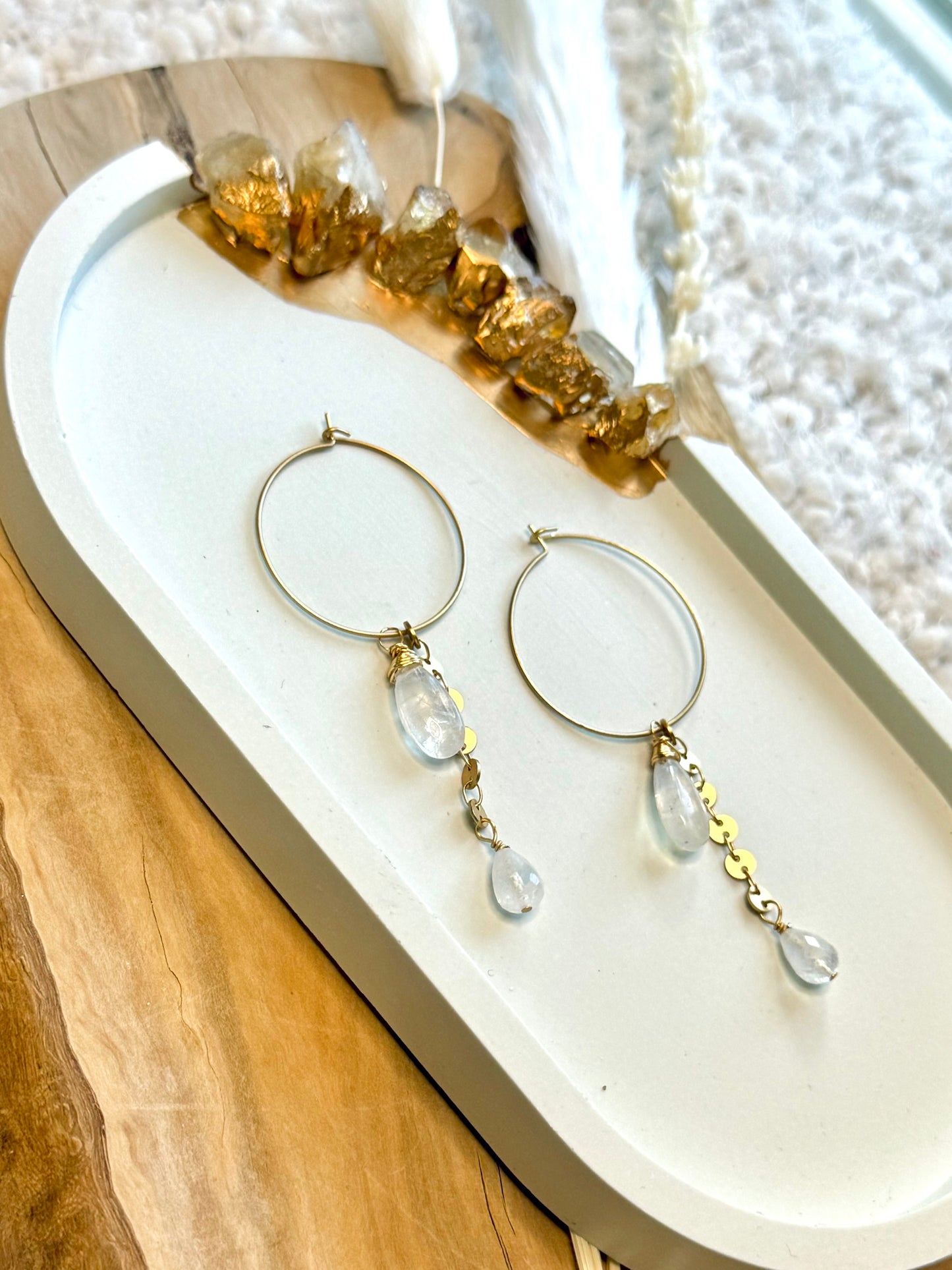 Rainbow Moonstone + Matte Gold Hoop Earrings