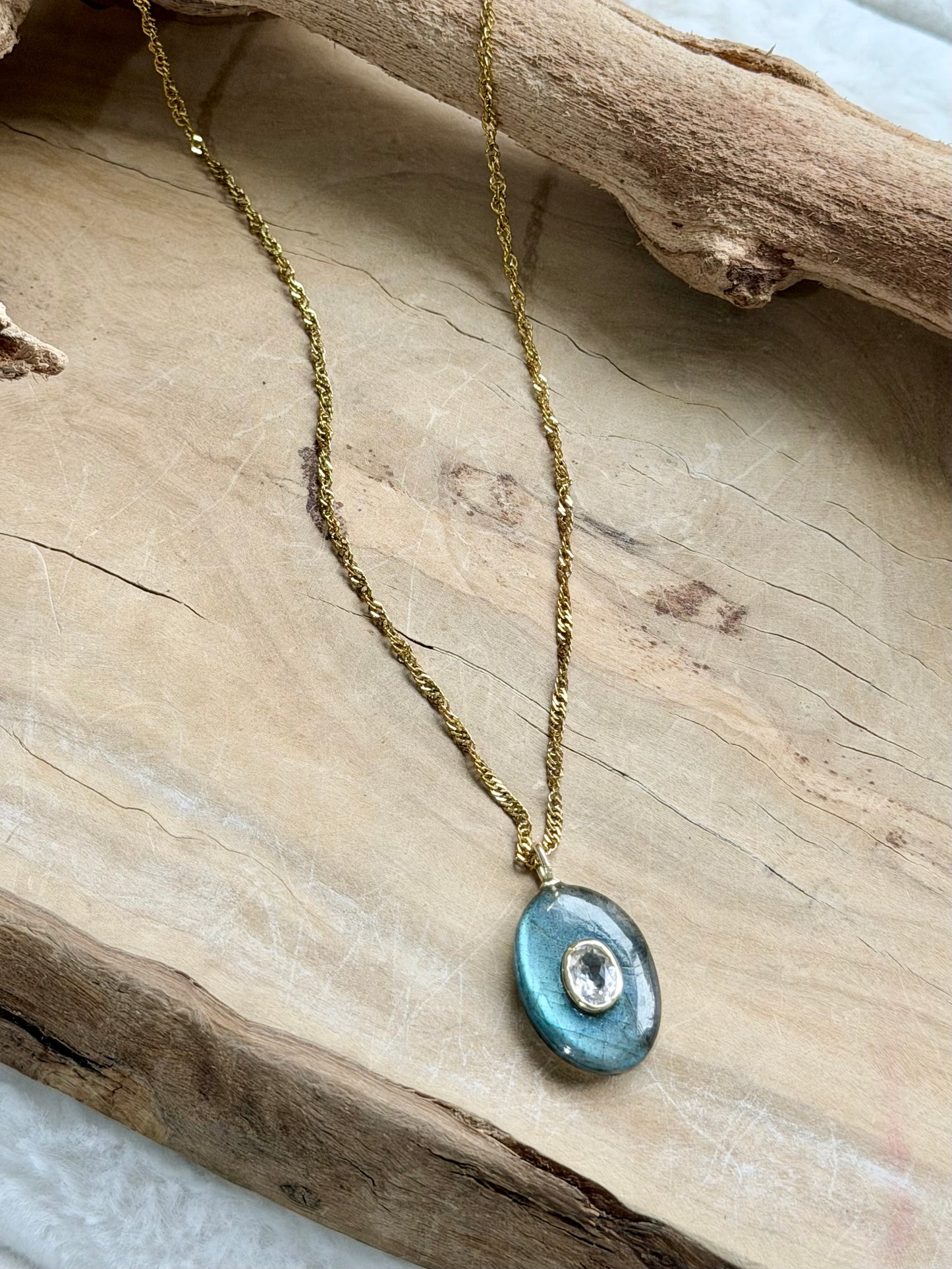 Labradorite + White Topaz Gold Oval Necklace