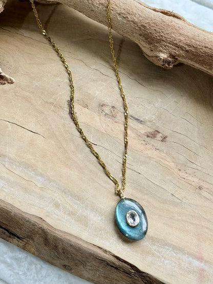 Labradorite + White Topaz Gold Oval Necklace