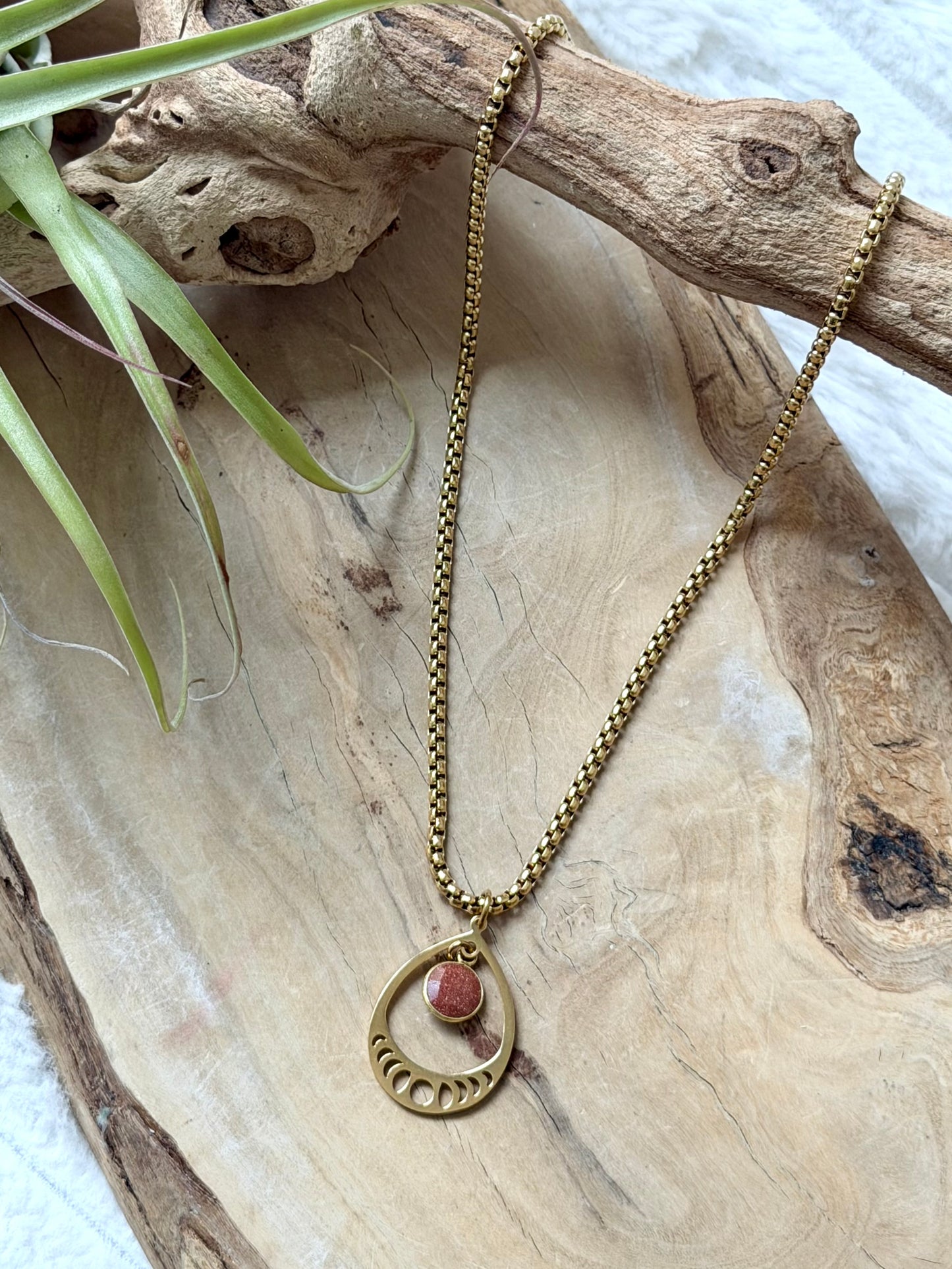 Goldstone + Gold Stainless Moon Phases Necklace
