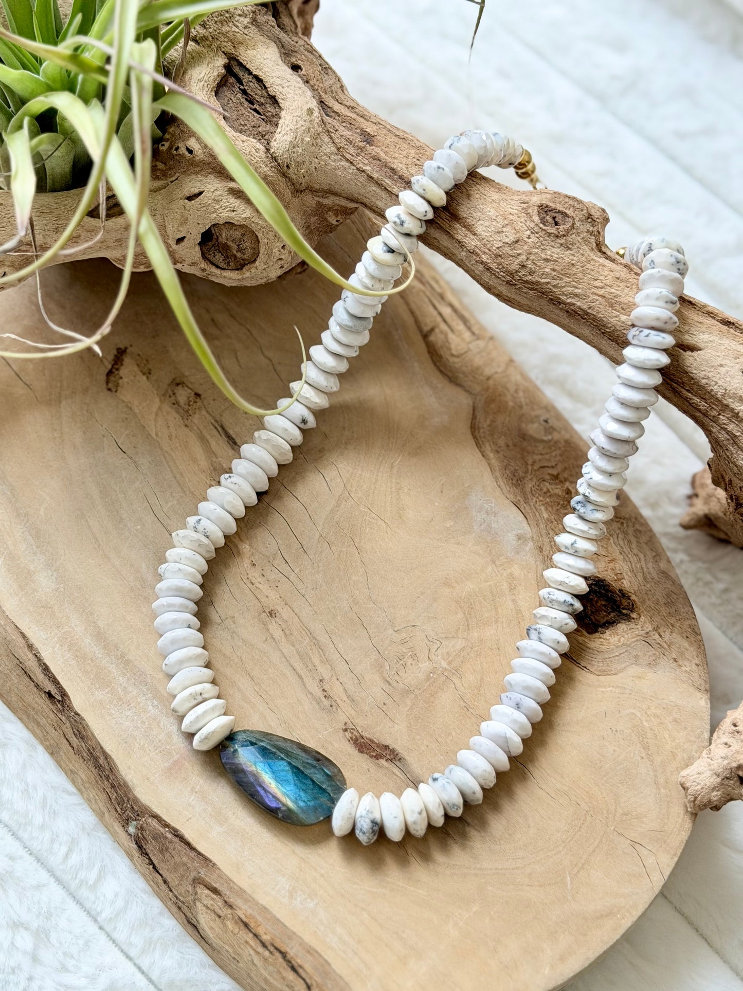 Chunky Dendritic White Opal + Labradorite Gold Necklace