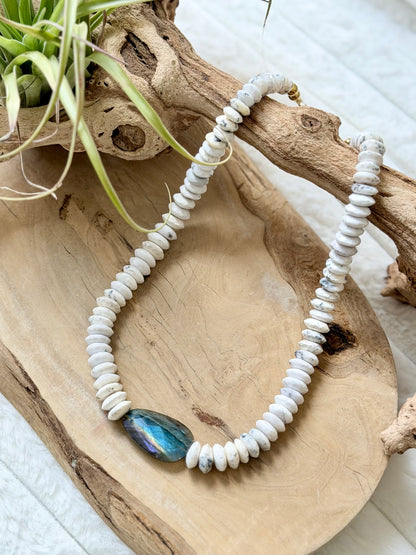 Chunky Dendritic White Opal + Labradorite Gold Necklace