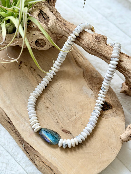 Chunky Dendritic White Opal + Labradorite Gold Necklace