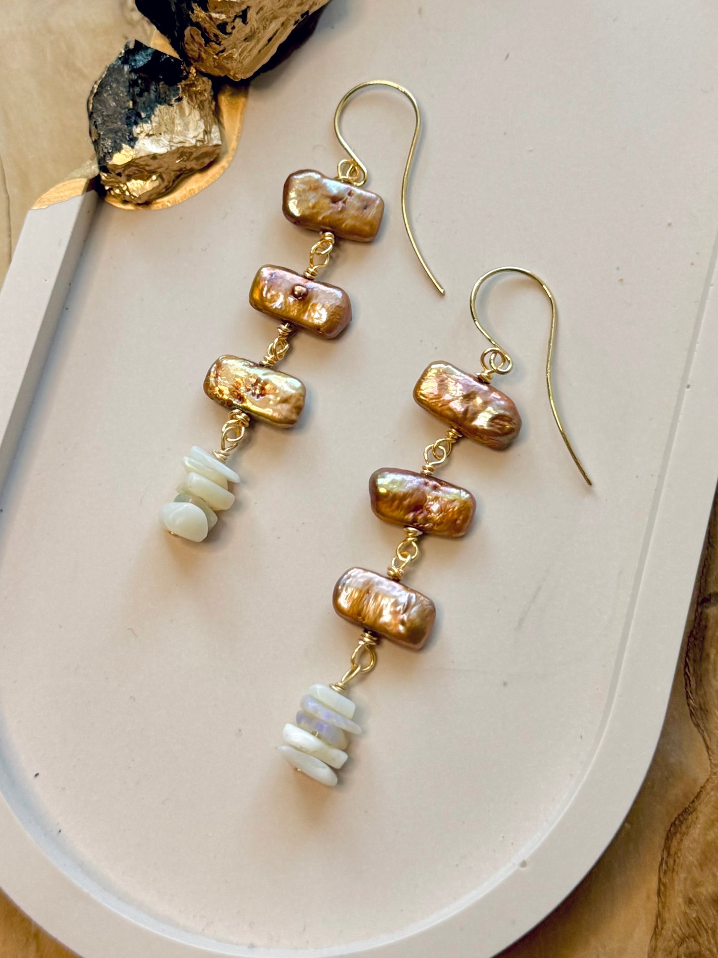 Freshwater Pearls +  Australian Opal Gold Drop Earrings