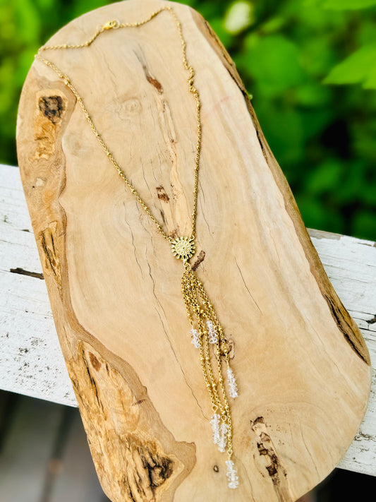 Herkimer Diamond + Matte Gold Lariat Sun Necklace