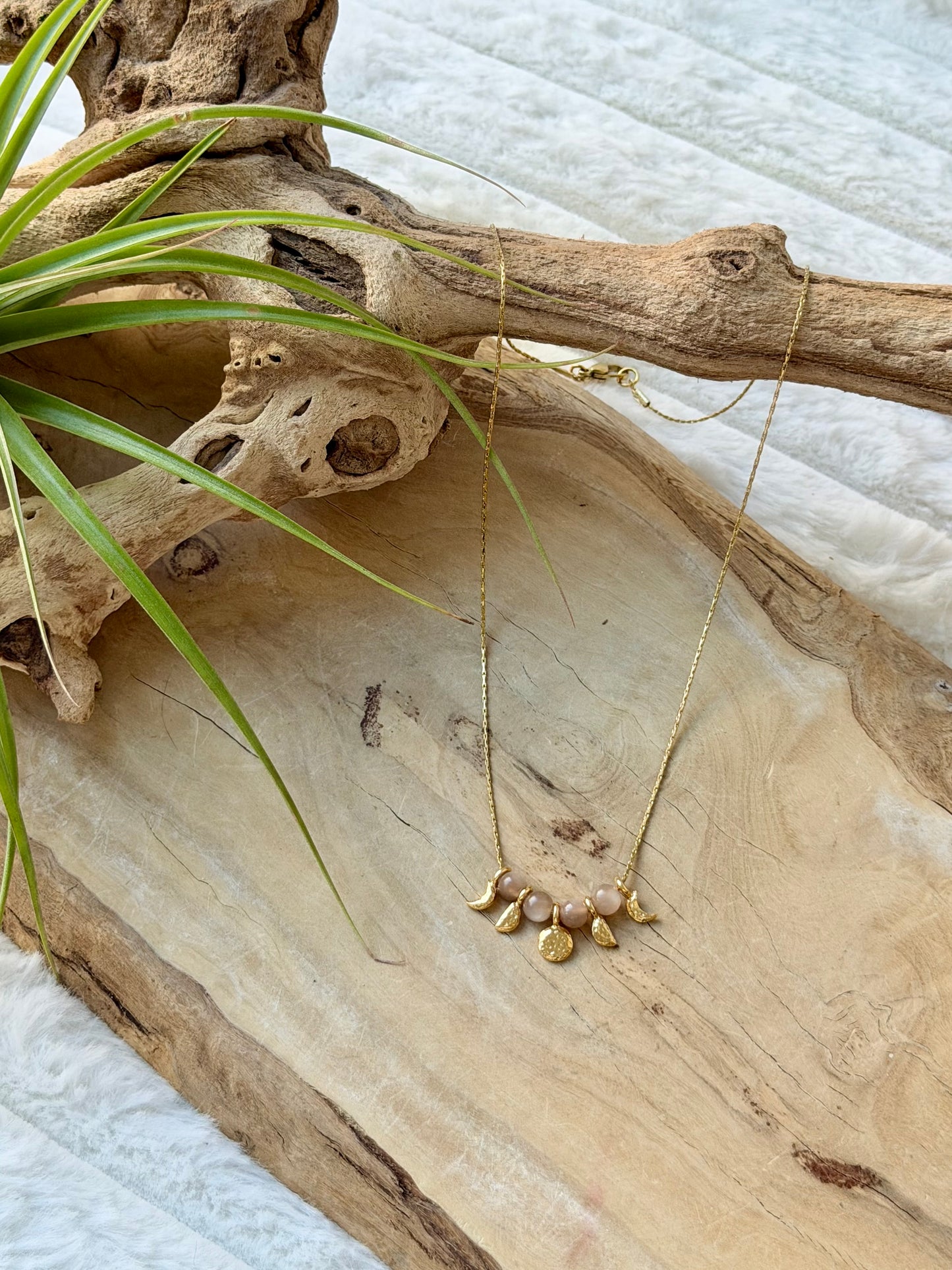 Peach Moonstone + Gold Moon Phases Necklace
