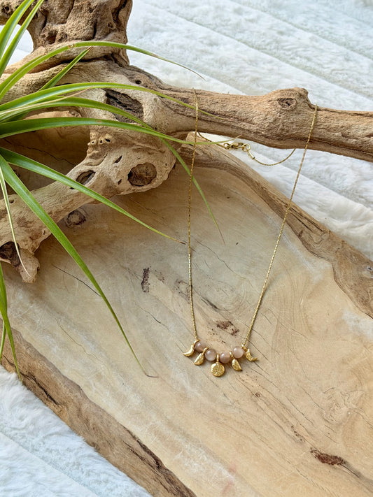 Peach Moonstone + Gold Moon Phases Necklace
