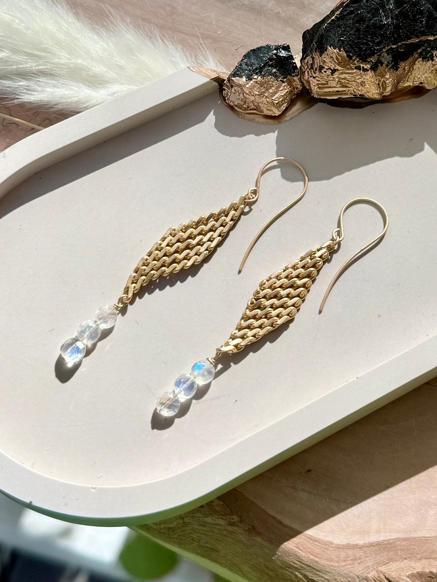 Moonstone Trio + Matte Gold Mesh Earrings