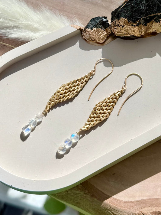 Moonstone Trio + Matte Gold Mesh Earrings