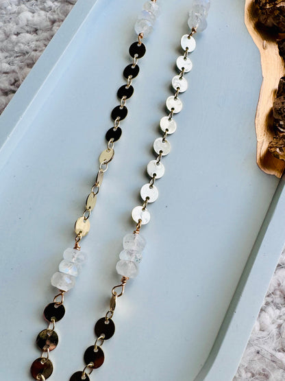 Rainbow Moonstone + Gold Sequin Chain Necklace