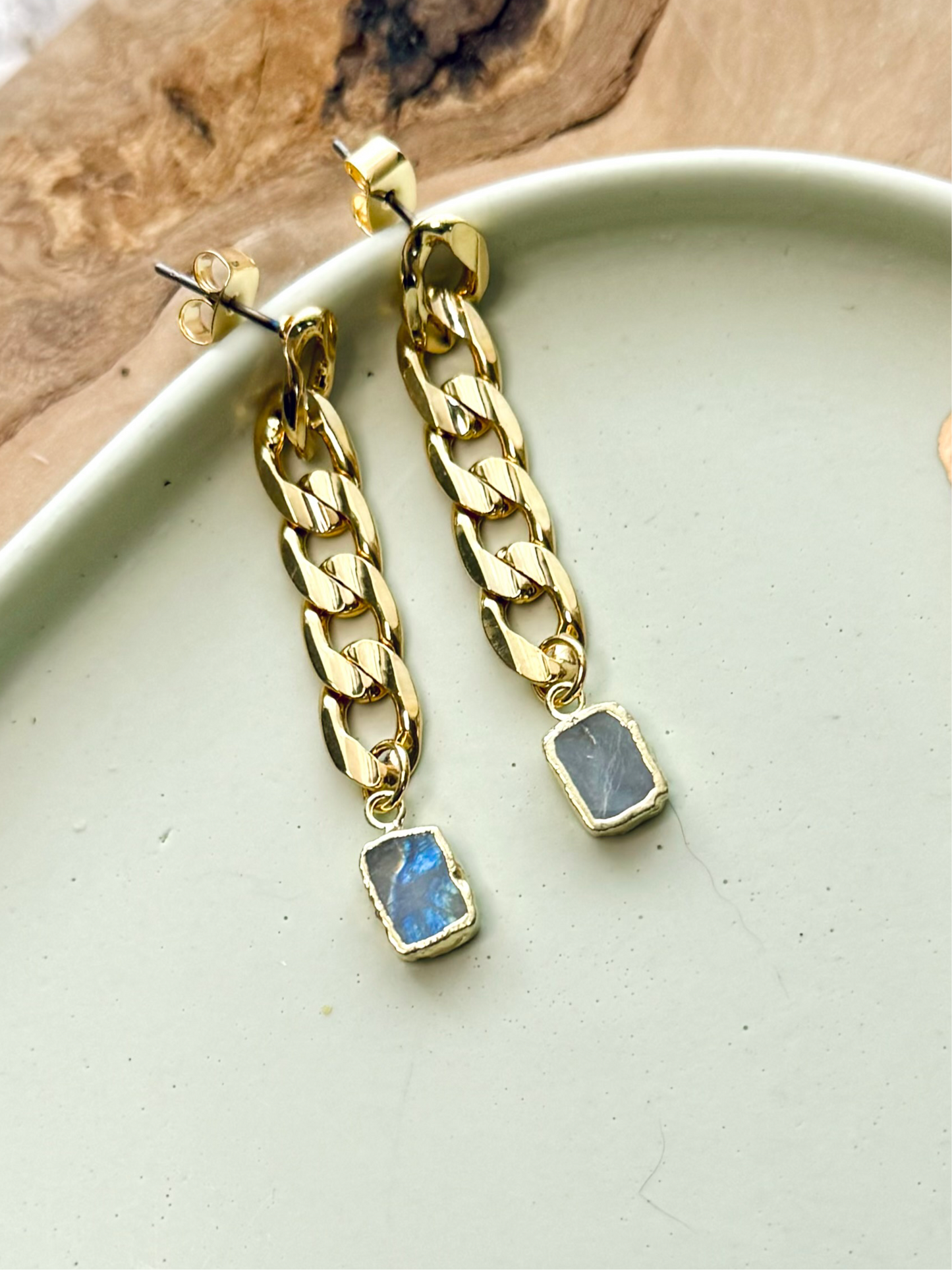 Rainbow Moonstone + Gold Curb Chain Earrings