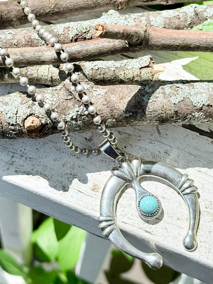 Turquoise + Antique Silver Squash Blossom Necklace
