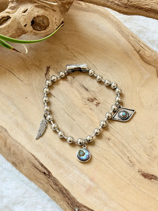 Abalone Shell + Stainless Ball Chain Charm Bracelet