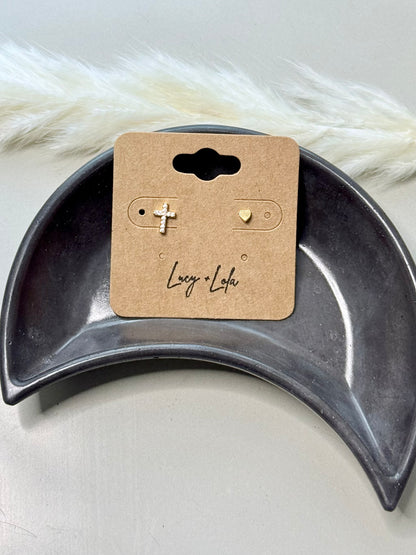 Gold Cross + Heart Mini Stud Earrings