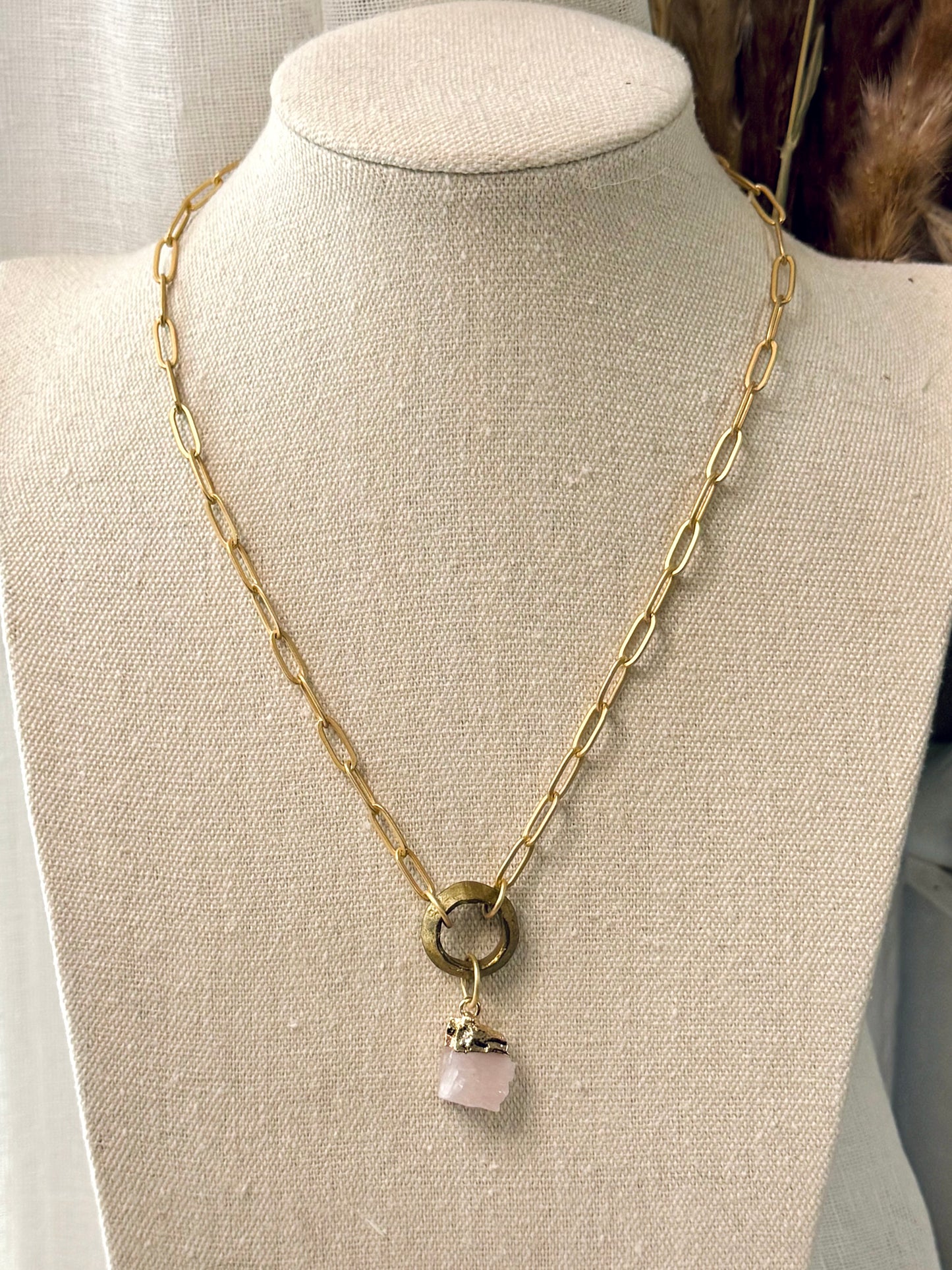 Rose Quartz + Matte Gold Boho Necklace