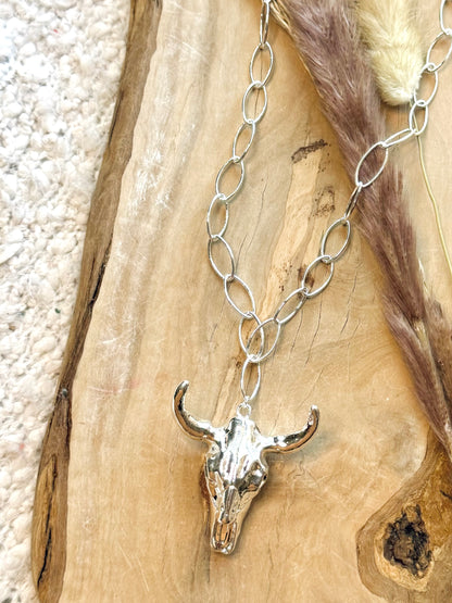 Chunky Silver Cow Skull Necklace