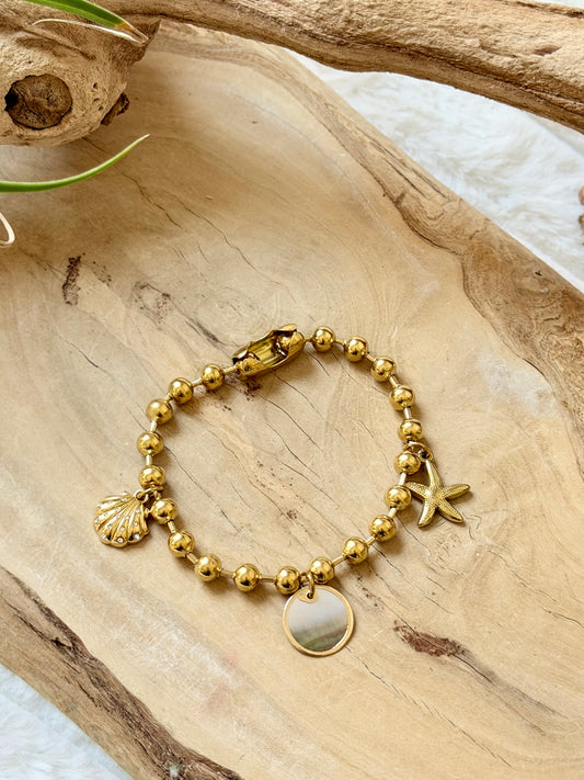 Mother of Pearl + Gold Stainless Ball Chain Charm Bracelet