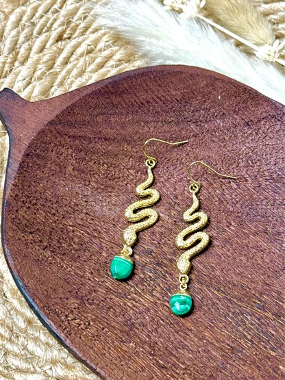 Malachite + Gold Snake Earrings