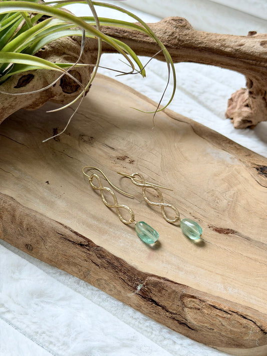 Green Fluorite + Matte Gold Infinity Earrings