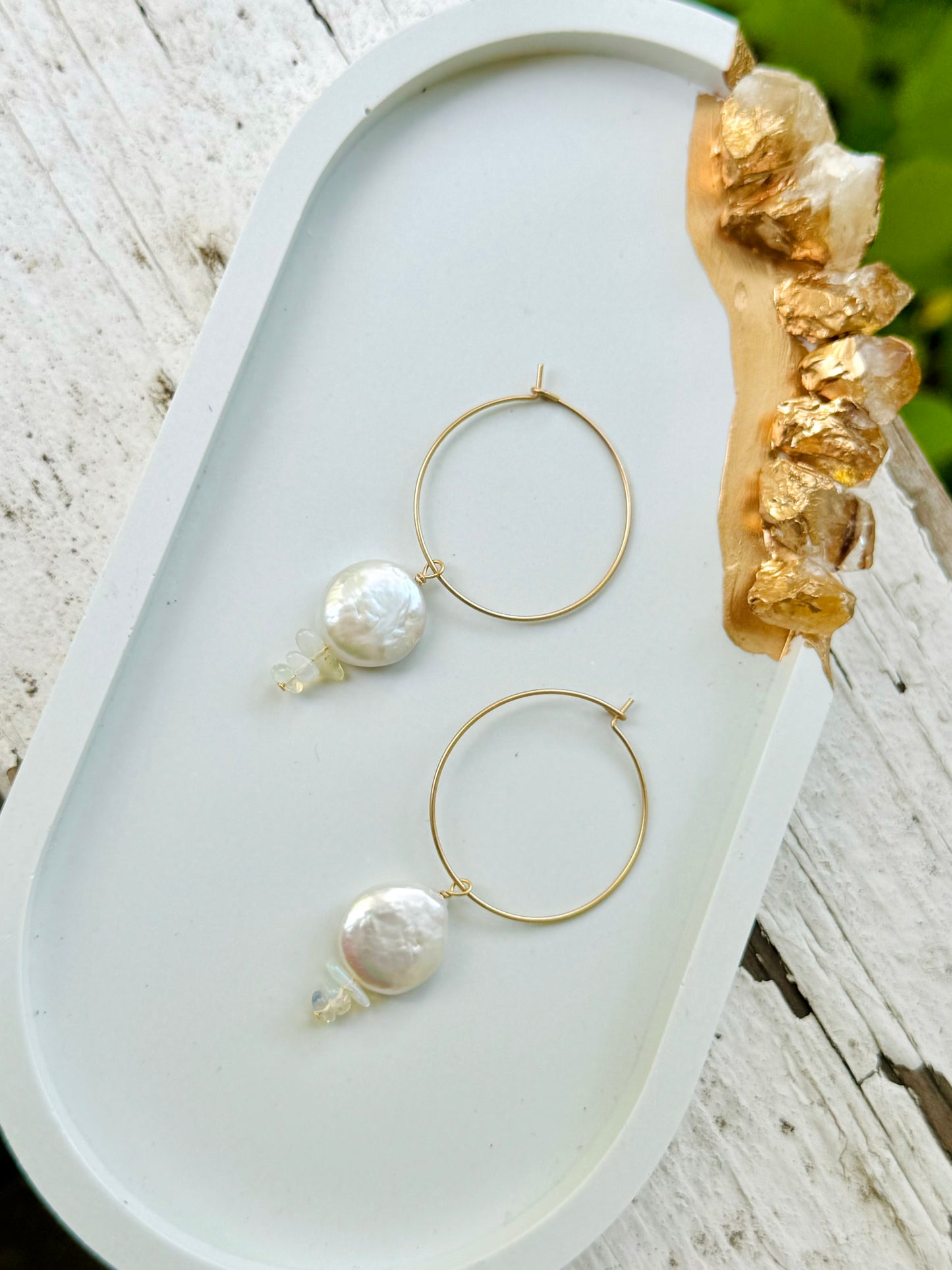 Freshwater Pearl + Ethiopian Opal Matte Gold Hoop Earrings