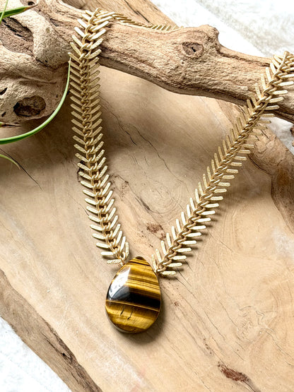 Tiger Eye + Matte Gold Fishbone Chain Necklace