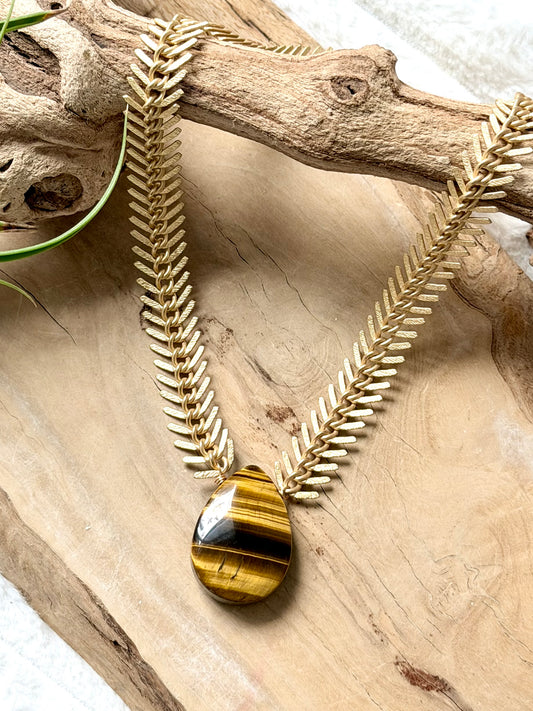 Tiger Eye + Matte Gold Fishbone Chain Necklace