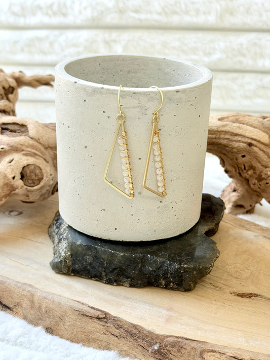 Rainbow Moonstone + Matte Gold Triangle Earrings