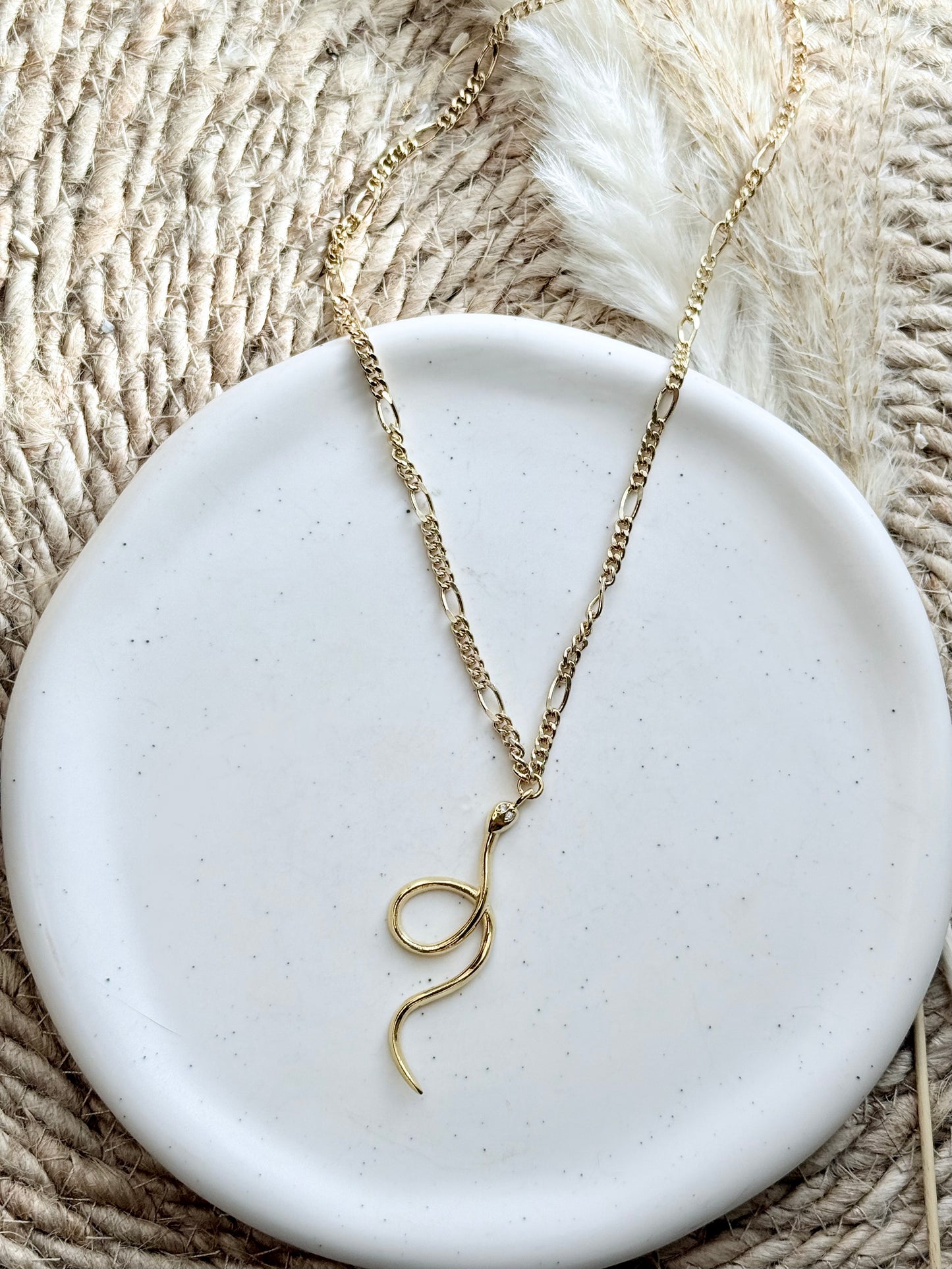 Gold Curled Snake + Figaro Chain Necklace