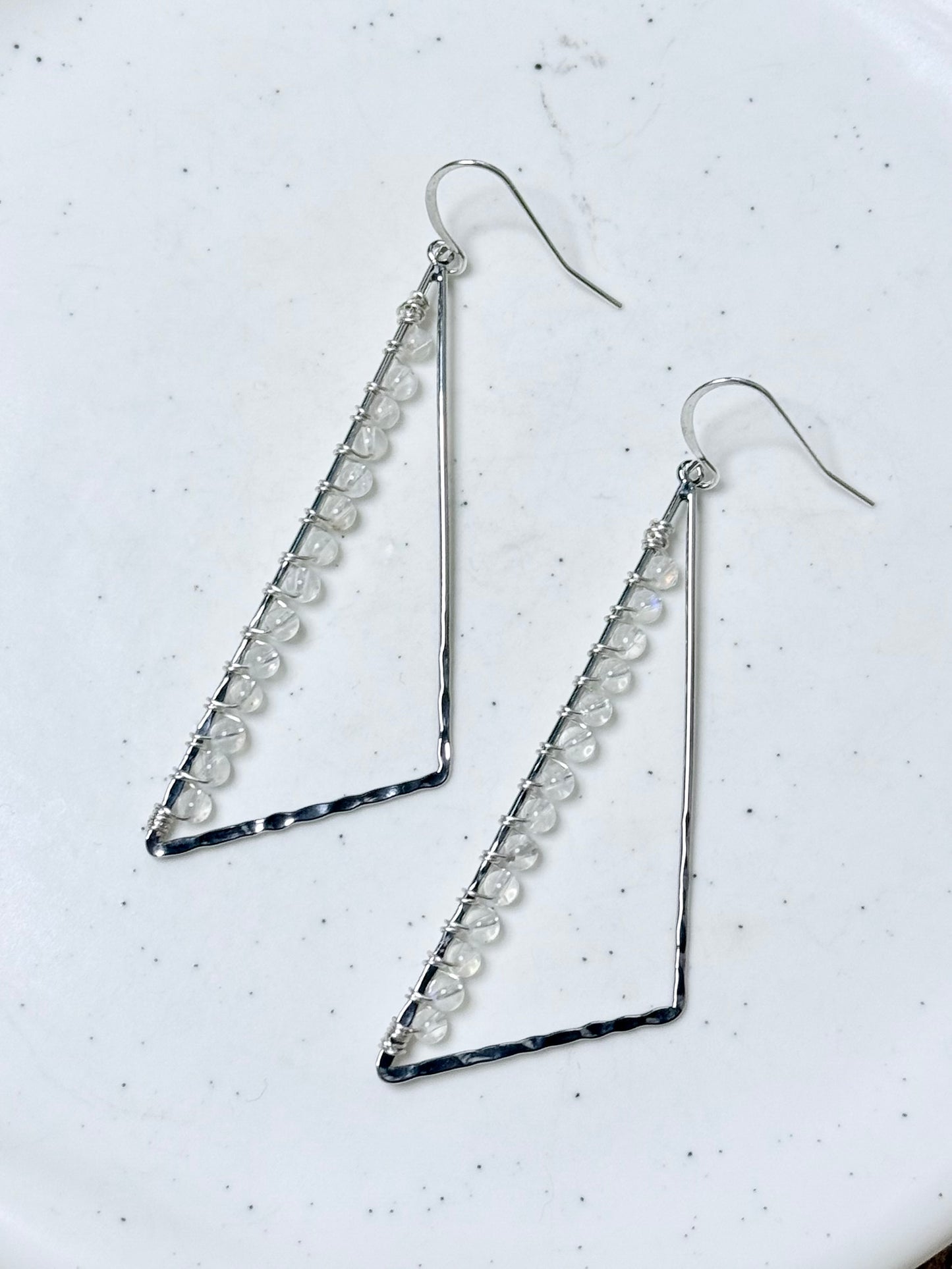 Rainbow Moonstone + Silver Large Triangle Earrings