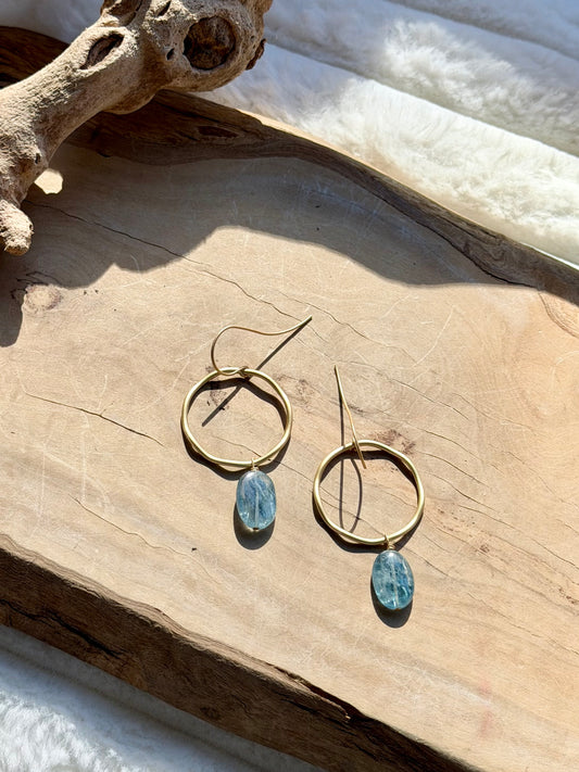 Kyanite + Matte Gold Circle Earrings