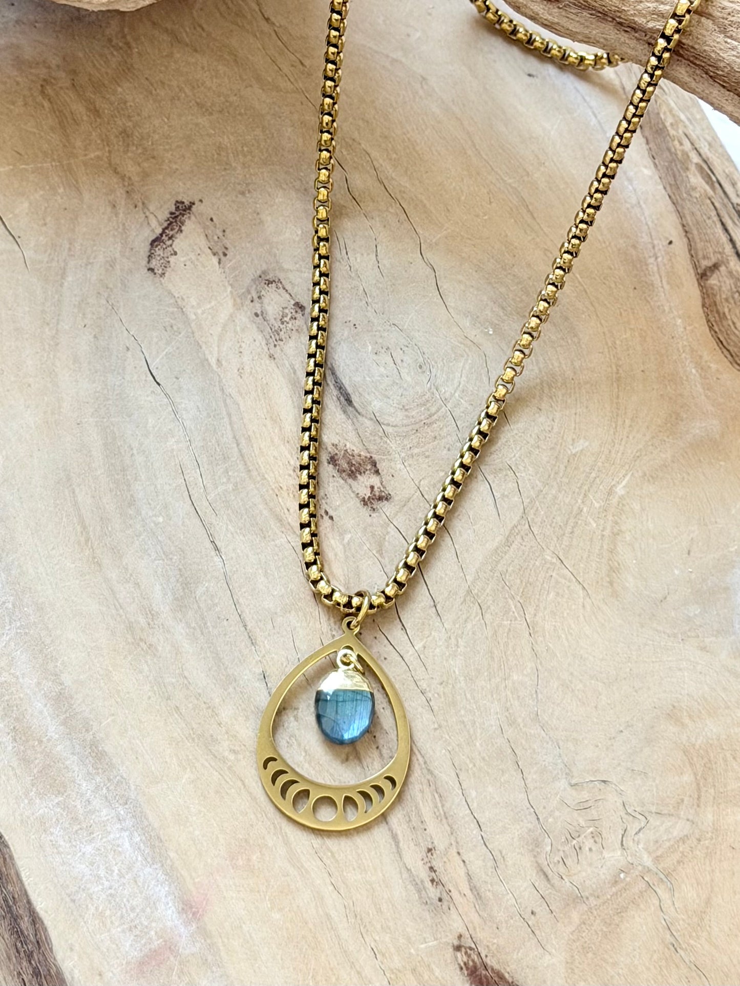 Labradorite + Gold Stainless Moon Phases Necklace